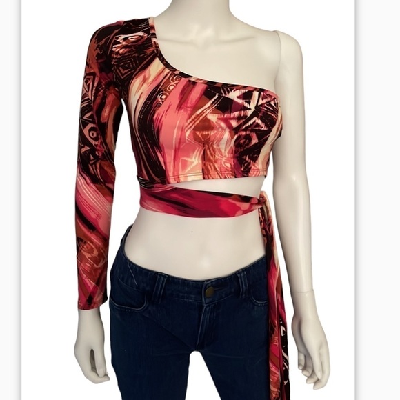 Timing One ShoulderLong Sleeved Side Tie Pink Print Crop Top. Size L. P325/A2397 - Picture 4 of 10